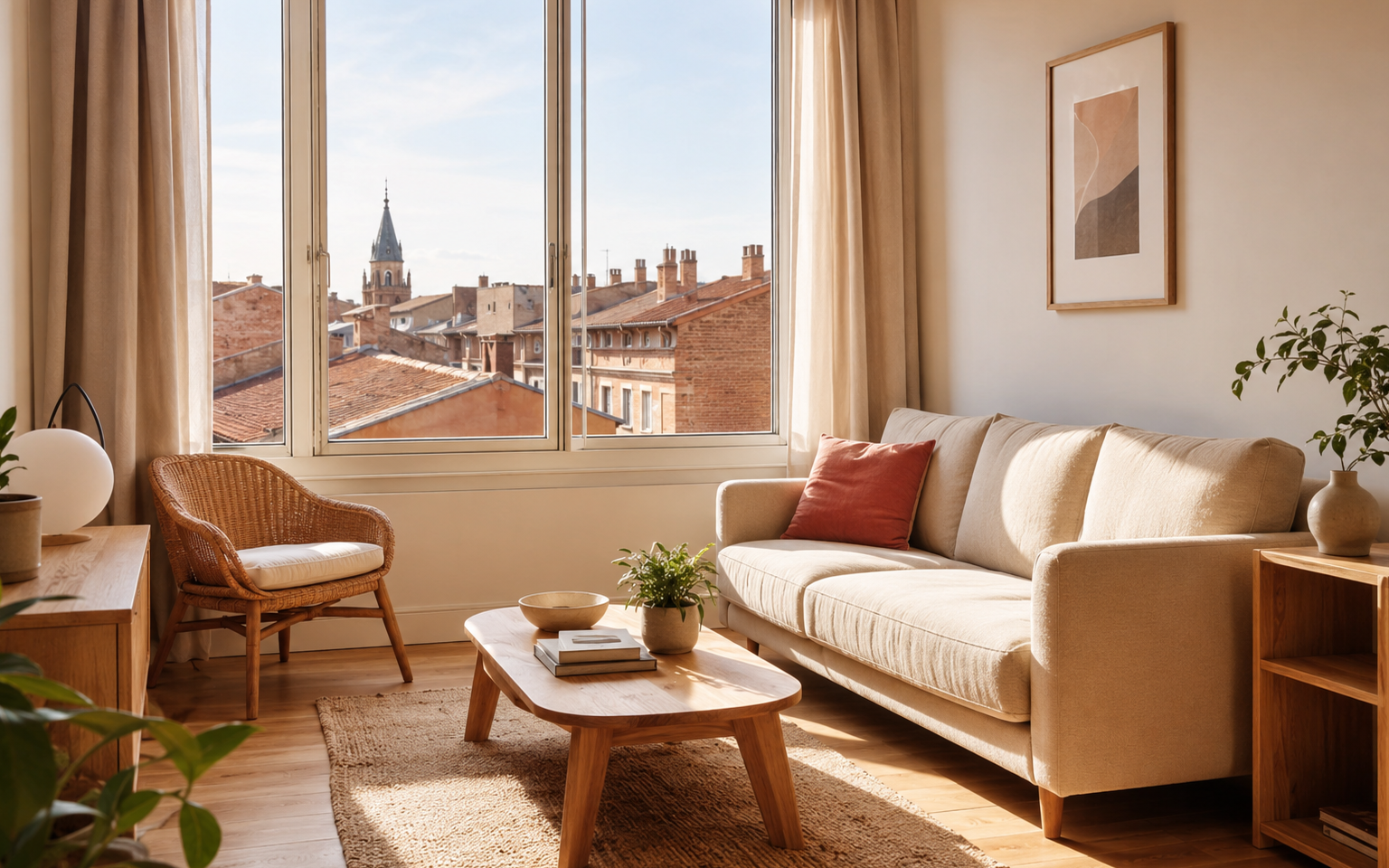 Intérieur chaleureux et lumineux d’un appartement meublé